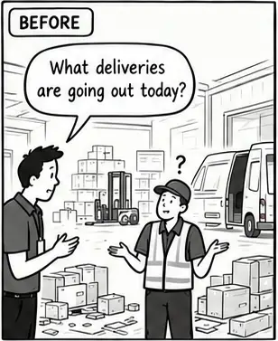 Before: “What deliveries are going out today?” A warehouse worker shrugs among loose boxes.