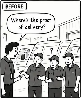 Before: “Where’s the proof of delivery?” Three drivers look confused.