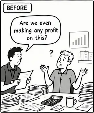Before: “Are we even making any profit on this?” A colleague shrugs over a desk of papers and a calculator.
